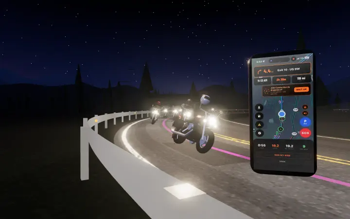A motorcycle club riding a night mountain road next to the Pack live ride screen